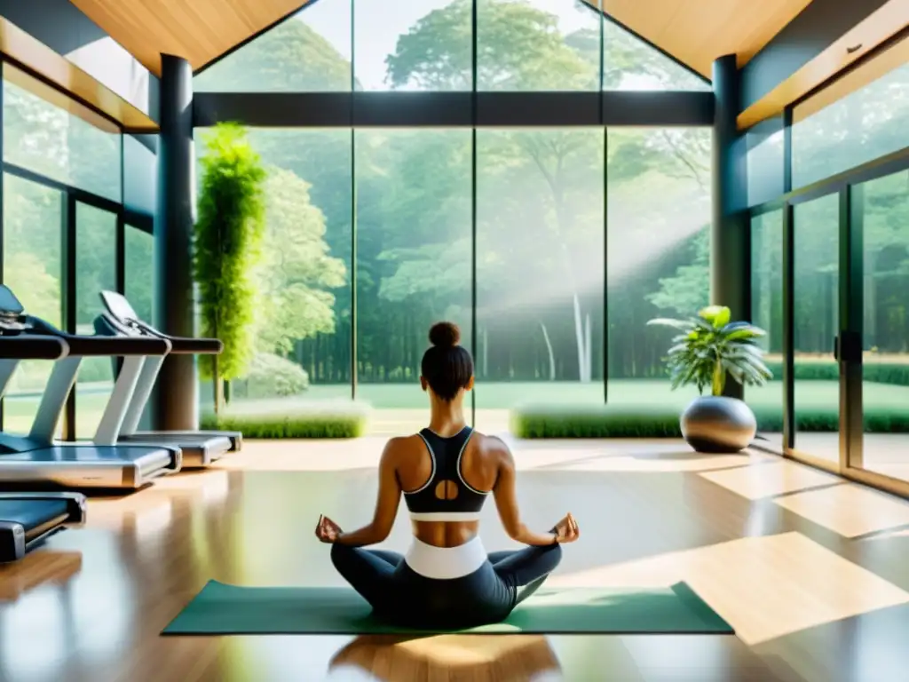 Meditación en el gimnasio moderno con vista al bosque Un gimnasio moderno y sereno con vista a un bosque, donde alguien medita en paz