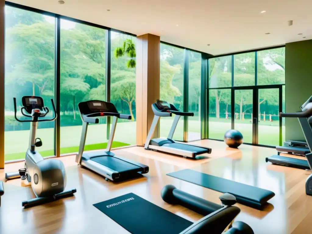 Moderno gimnasio con vista a parque: serenidad y diversidad Un gimnasio moderno con vista a un parque verde