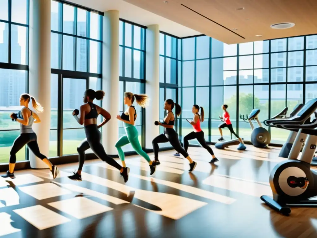 Gimnasio moderno con diversidad de personas activas Un gimnasio vibrante y moderno con gente realizando diversas formas de ejercicio físico