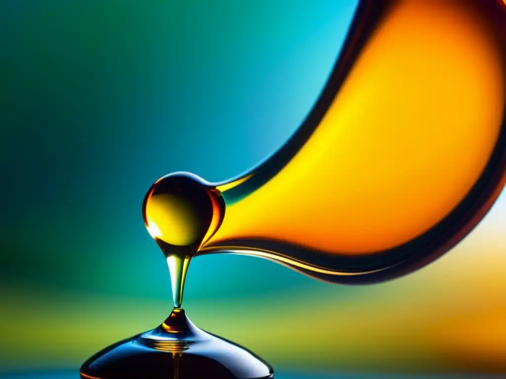 Gotas de aceite esencial naranja en botella de vidrio Una gota de aceite esencial naranja cae en una botella de aceite dorado, creando un efecto prismático