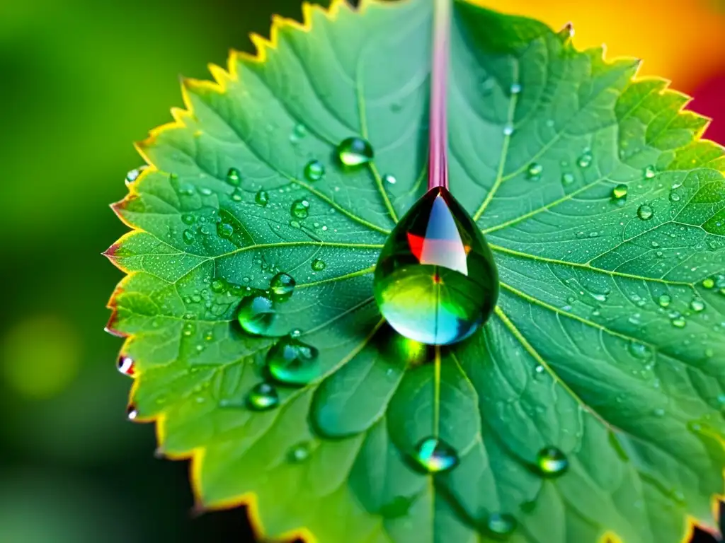 Gotas de agua en hoja verde: detalle y colorido Una gota de agua en una hoja verde vibrante, reflejando un espectro de colores