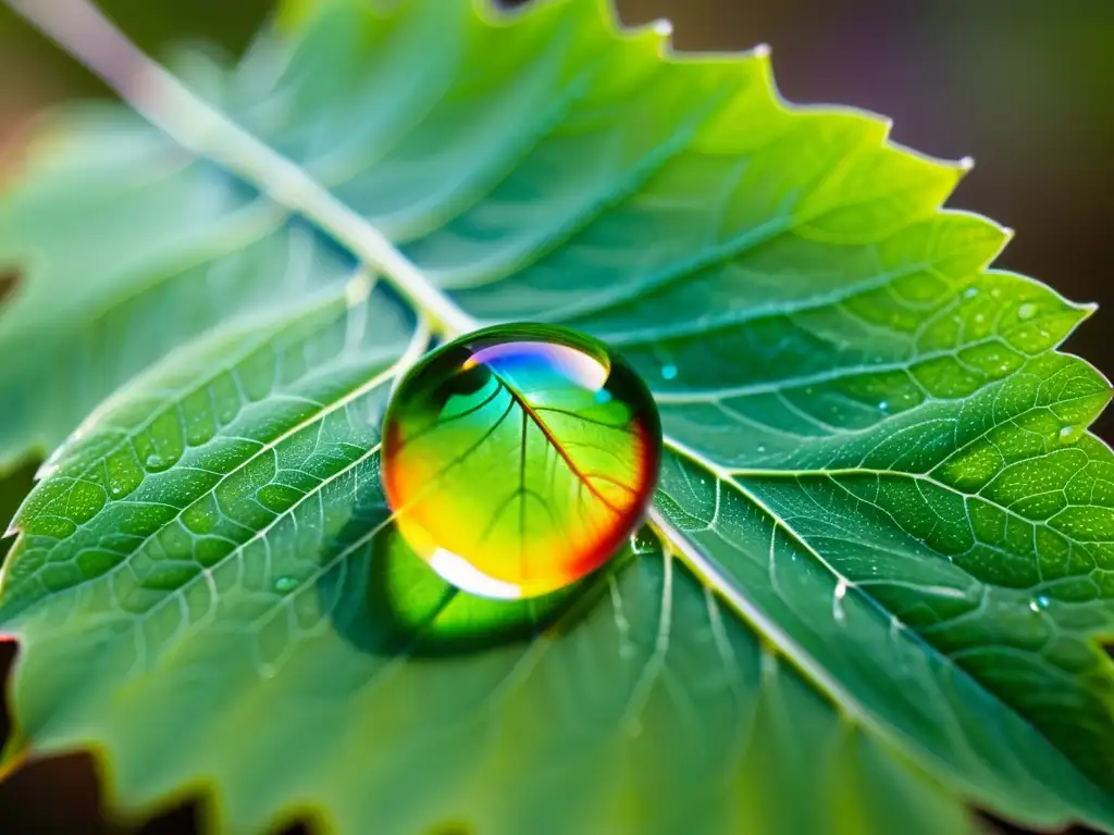 Gotas de vida: Detalle asombroso de la naturaleza Una gota de agua transparente en una hoja verde, con reflejos de arcoíris