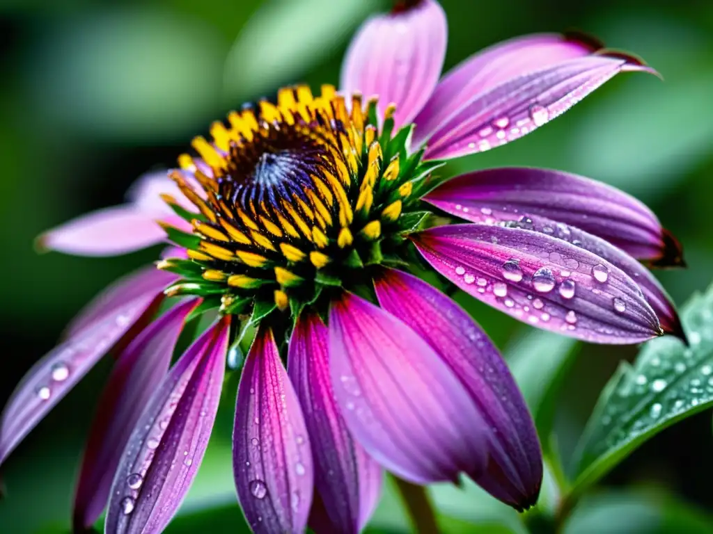 Detalles vibrantes: Echinacea purpurea con rocío La equinácea púrpura con gotas de rocío, resaltando su belleza natural