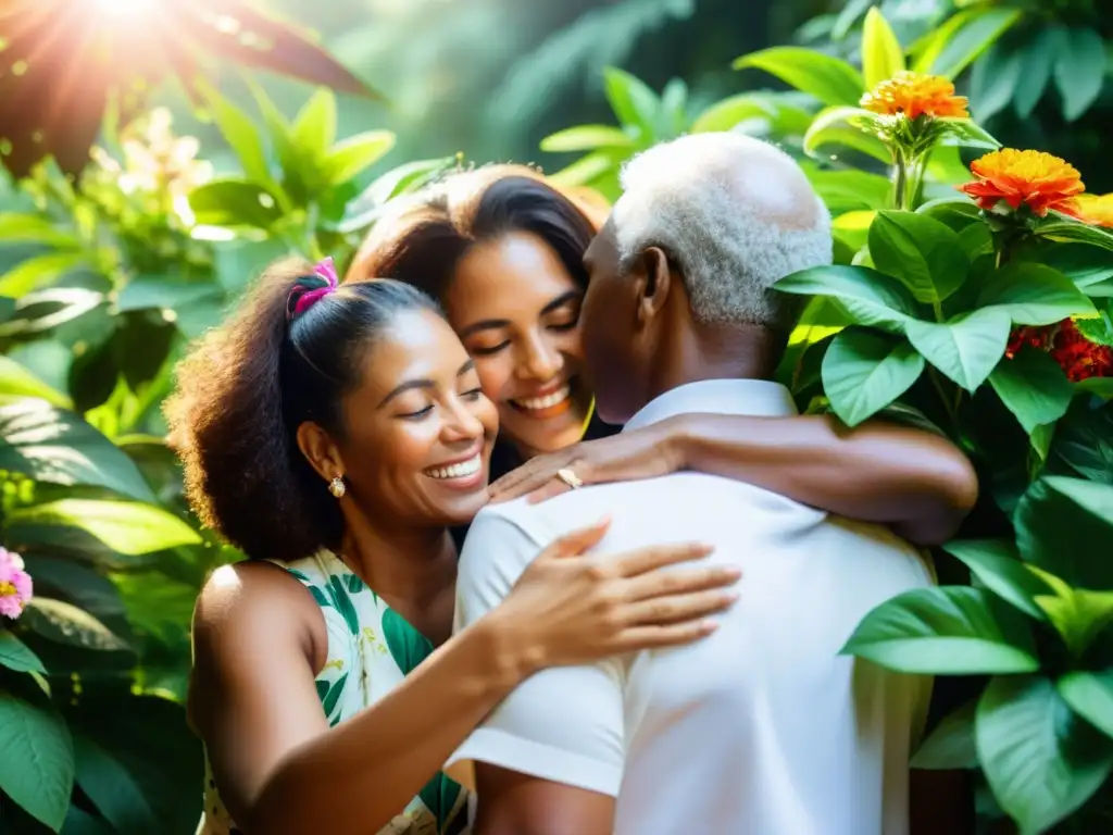 Abrazo emocional en la naturaleza: diversidad y conexión genuina Grupo abrazado entre naturaleza exuberante