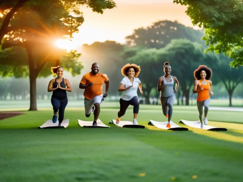 Comunidad activa en el parque al atardecer Grupo disfruta de actividades al aire libre en el parque al atardecer, reflejando beneficios de hábitos saludables en el sistema inmunológico