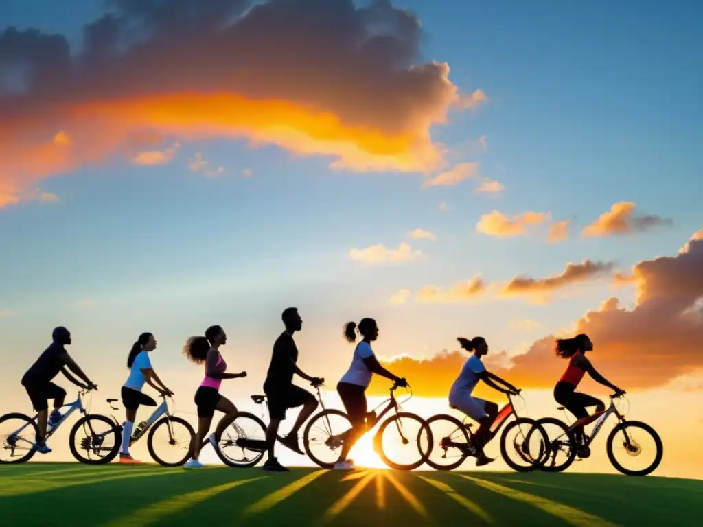 Atardecer activo: diversión y bienestar en el parque Grupo disfruta de actividades al aire libre al atardecer en parque, promoviendo prevención enfermedades sistema inmunológico