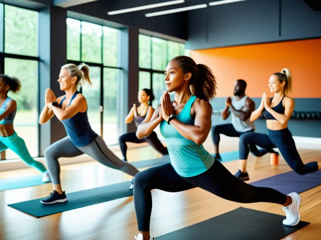 Adultos activos: Ejercicio en gimnasio moderno Grupo de adultos diversos haciendo ejercicio en un gimnasio moderno