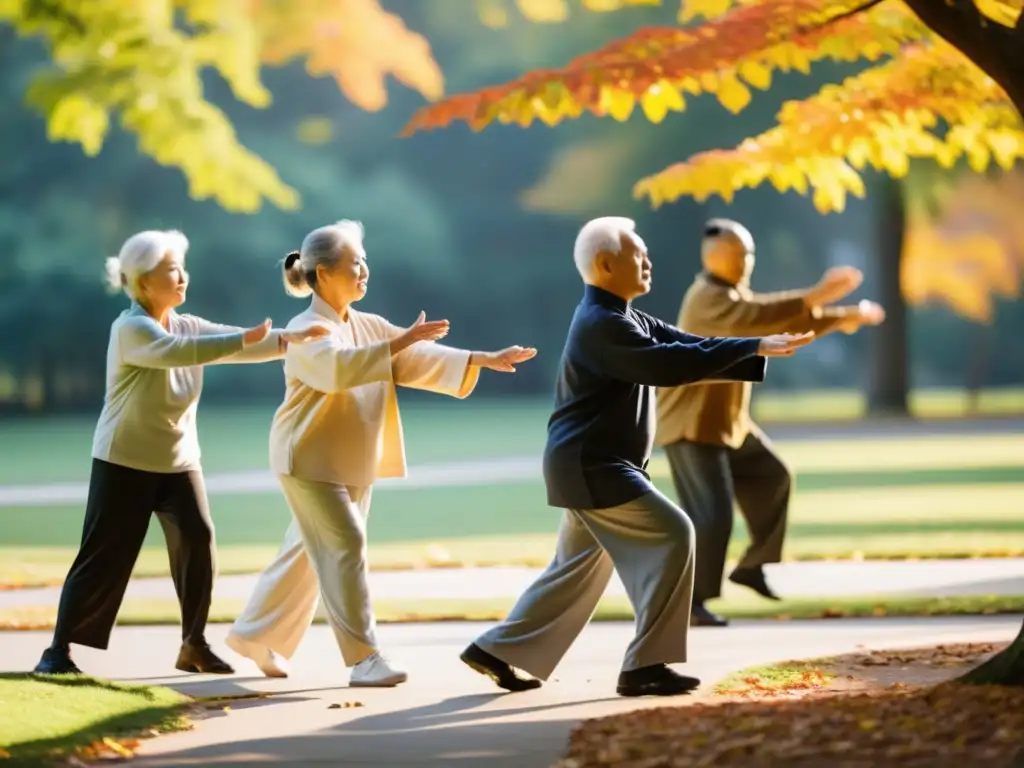 Un grupo de adultos mayores practica tai chi al aire libre en un parque sereno rodeado de follaje otoñal