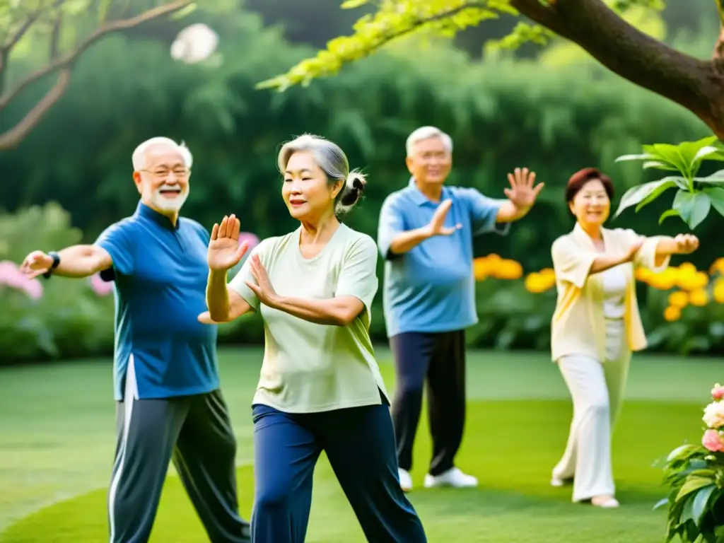 Tai Chi para la salud: serenidad en el jardín Un grupo de adultos mayores practicando tai chi en un jardín tranquilo, rodeados de exuberante vegetación y flores vibrantes