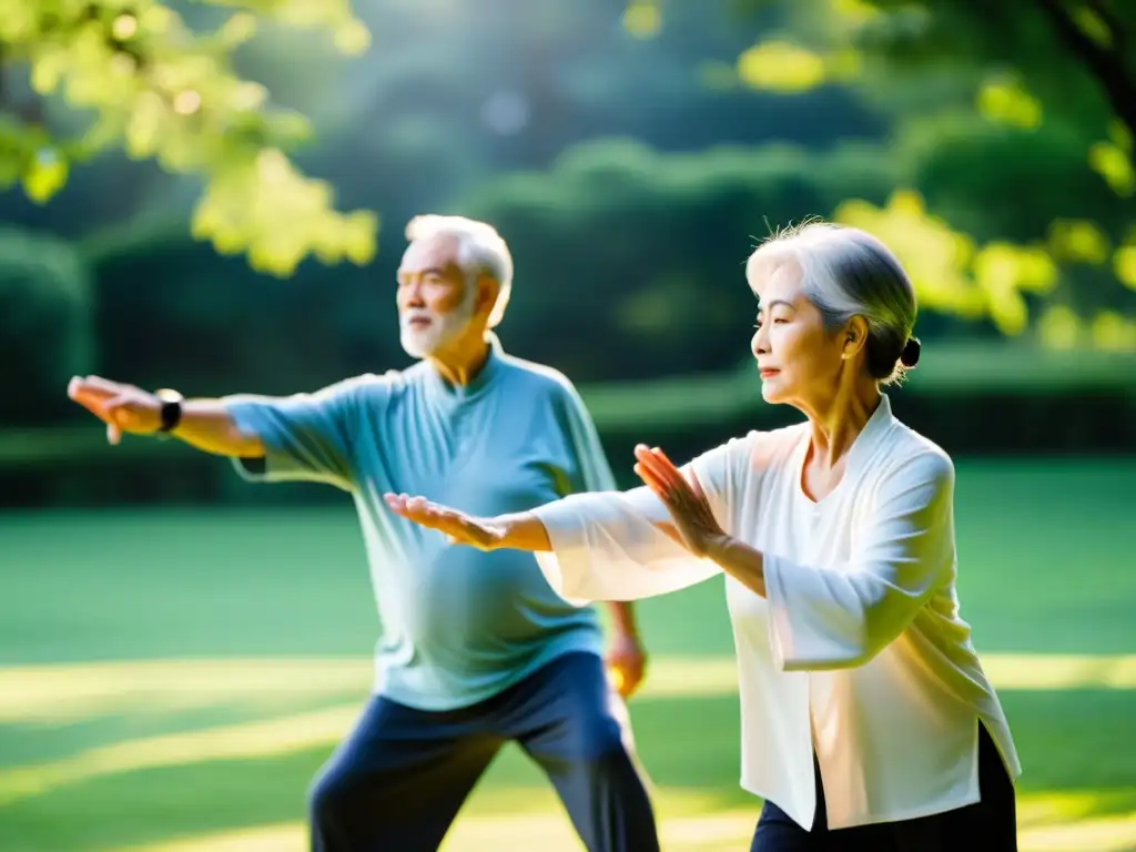 Tai Chi en el parque: Bienestar y vitalidad para adultos mayores Grupo de adultos mayores practicando tai chi en un parque sereno