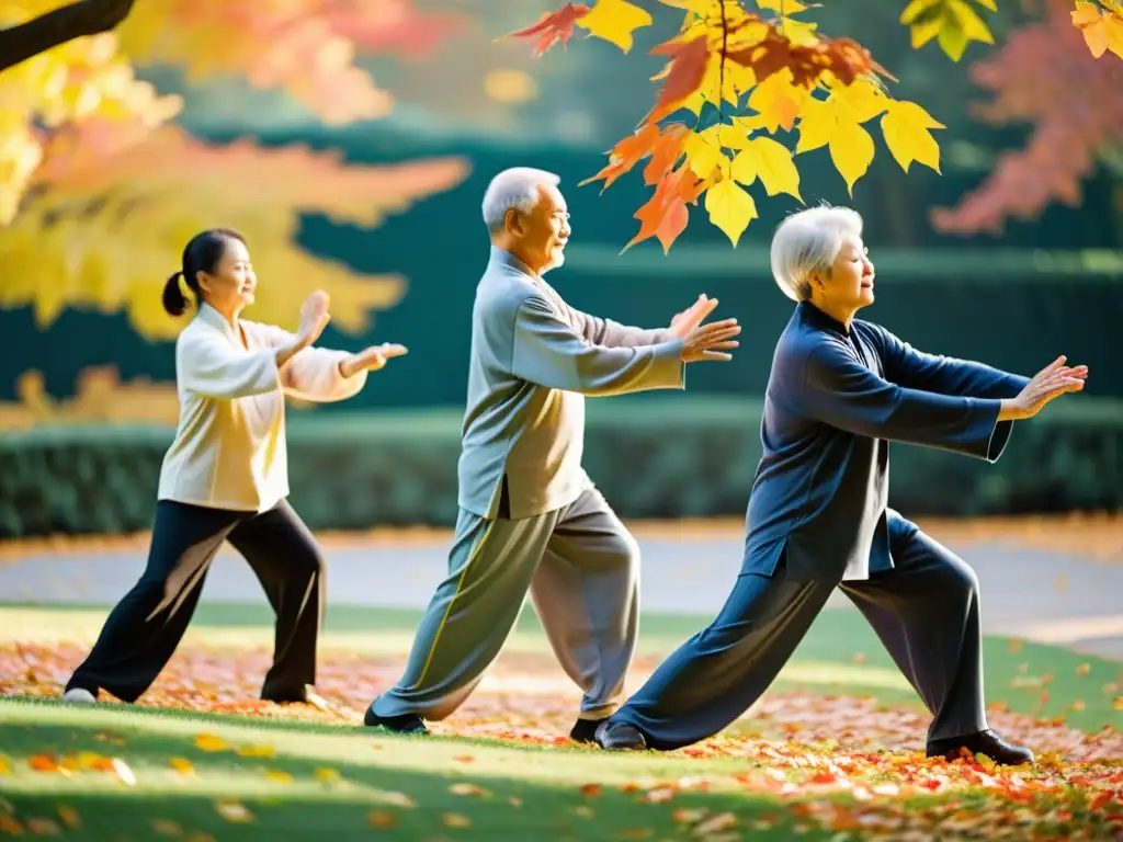 Tai Chi matutino entre hojas de otoño: armonía y vitalidad para mayores Grupo de adultos mayores practicando tai chi al aire libre en un jardín tranquilo con hojas de otoño