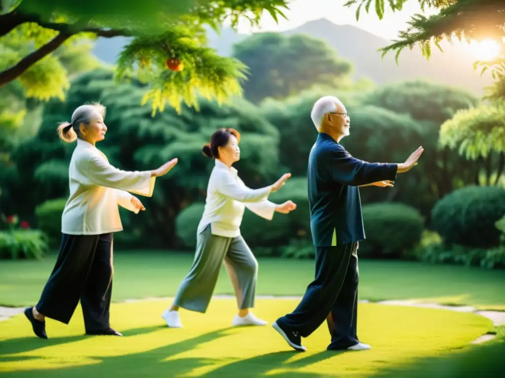 Tai Chi para la armonía: serenidad entre la naturaleza Grupo de adultos mayores practicando tai chi en un jardín sereno, transmitiendo equilibrio y fuerza