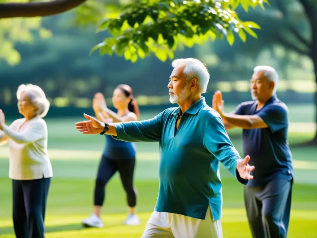 Clase de tai chi para adultos mayores en un parque tranquilo Grupo de adultos mayores practicando tai chi en un parque tranquilo y soleado