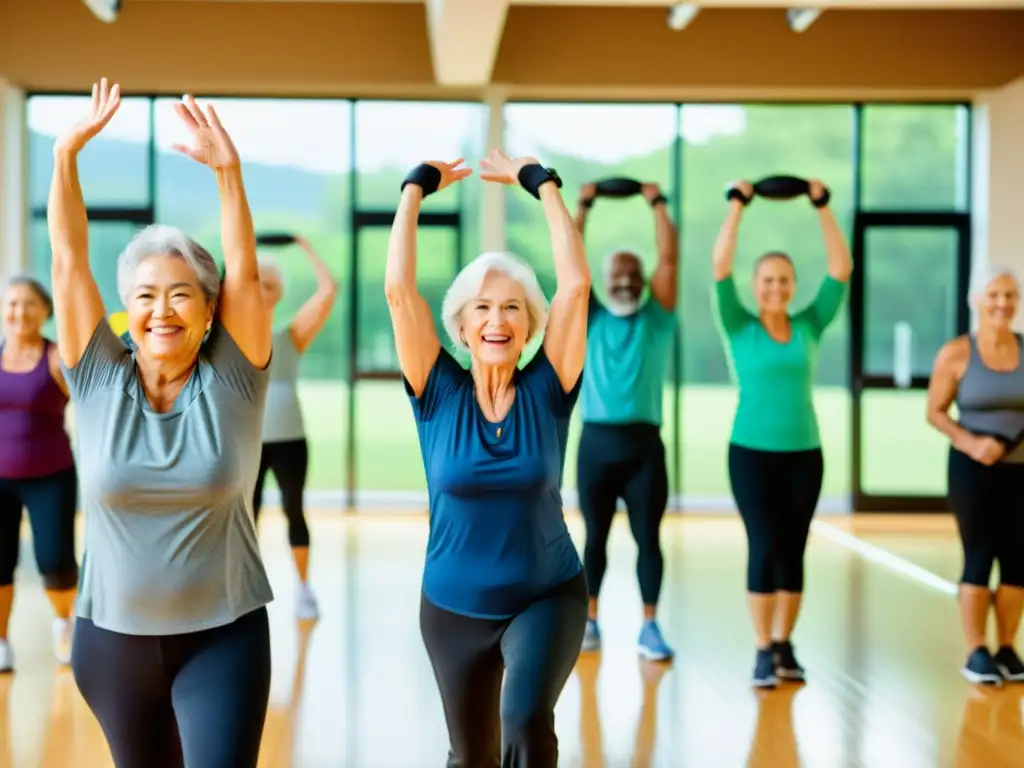 Clase de ejercicios para adultos mayores: vitalidad y bienestar Grupo de adultos mayores disfrutando de una clase de ejercicios de bajo impacto, promoviendo la inmunidad y bienestar