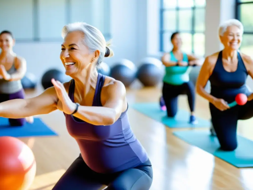 Clase de ejercicio para adultos mayores: vitalidad y bienestar Grupo de adultos mayores sonrientes disfrutando de una clase de ejercicios de bajo impacto en un estudio luminoso, fomentando la salud y la vitalidad