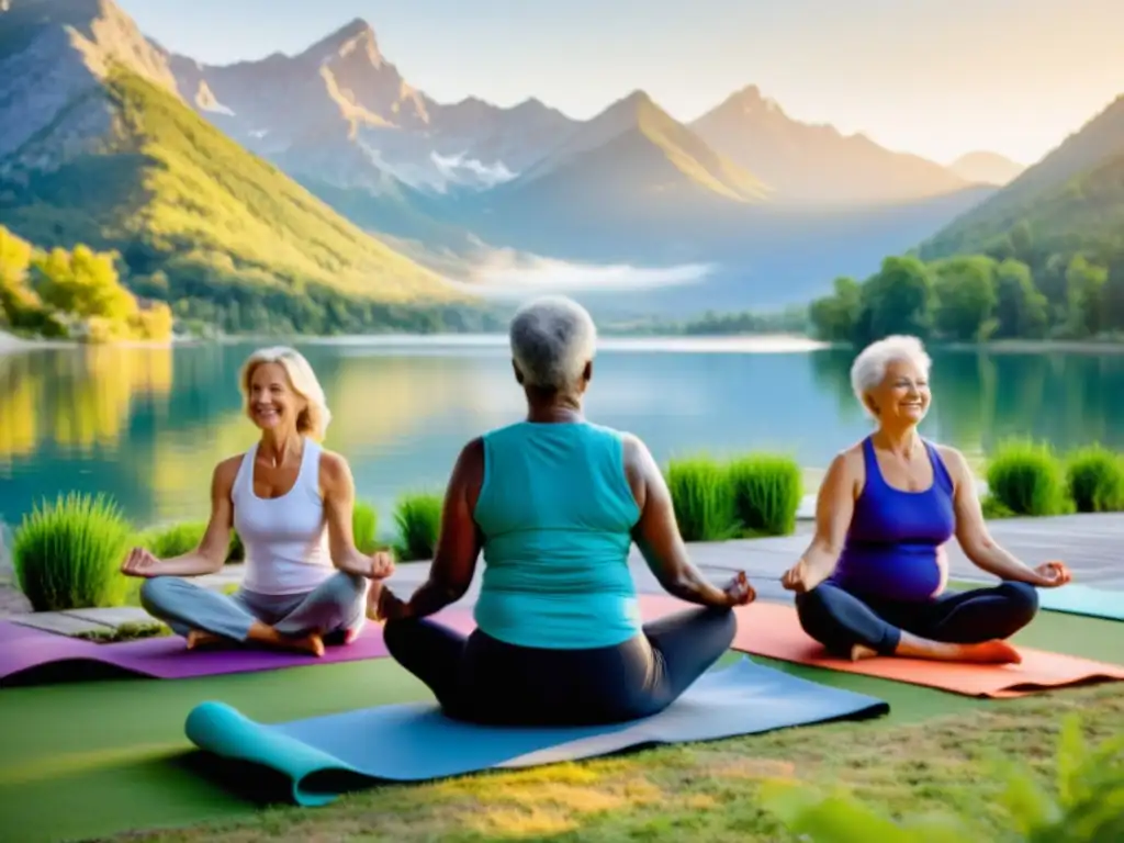 Yoga al amanecer: vitalidad y bienestar para adultos mayores Grupo de adultos mayores practicando yoga al amanecer junto a un lago, transmitiendo vitalidad y bienestar