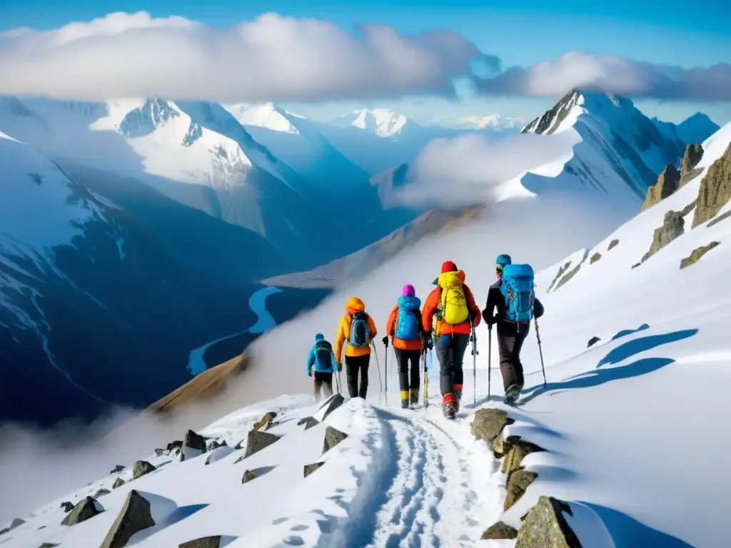 Travesía épica: escalada en la montaña nevada Grupo de alpinistas en altitudes nevadas, desafiantes