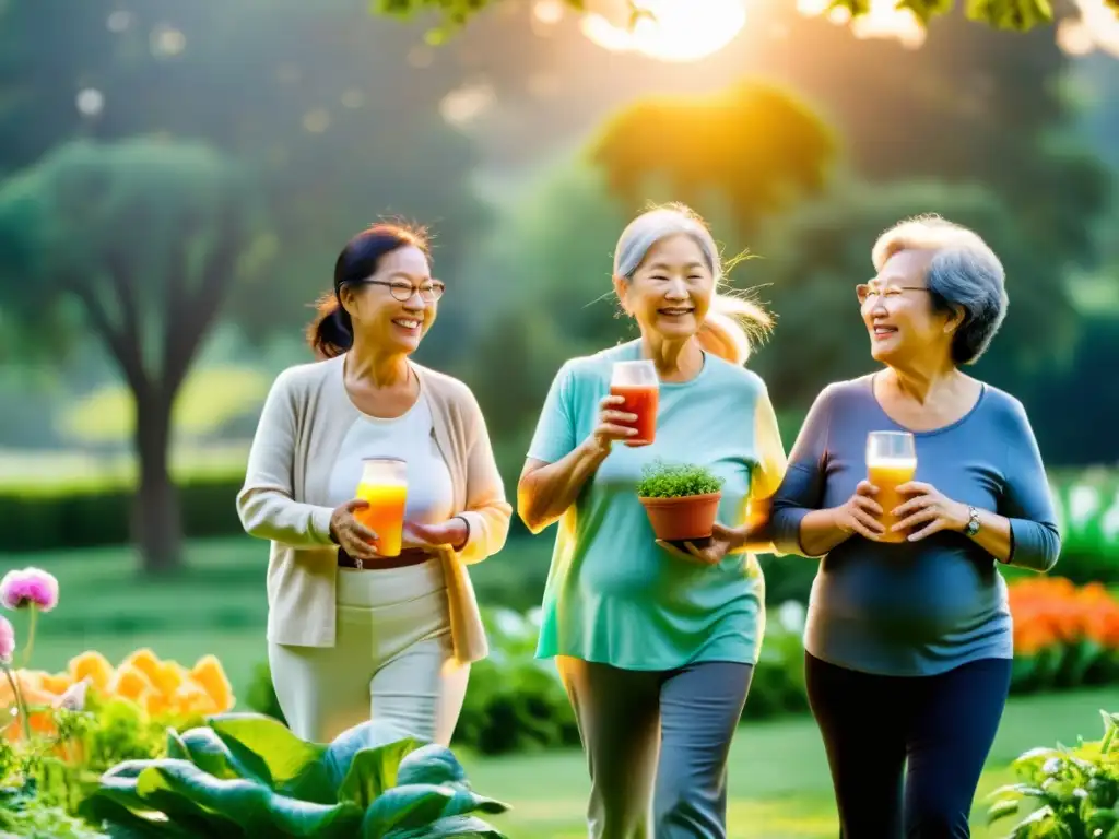 Estilo de vida activo y saludable para personas mayores con probióticos Un grupo de ancianos disfruta de actividades al aire libre junto a alimentos probióticos coloridos y vibrantes
