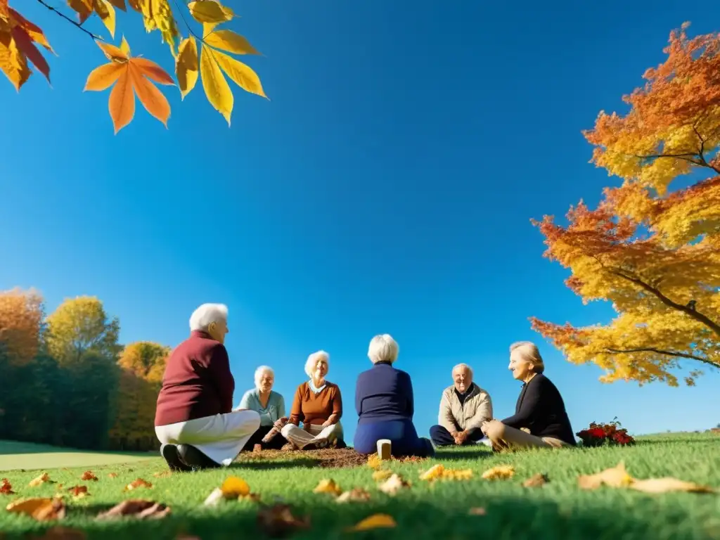 Vitalidad y bienestar: Actividades al aire libre para adultos mayores Grupo de ancianos disfrutando de actividades al aire libre en otoño, promoviendo la prevención del cáncer y fortaleciendo el sistema inmunológico