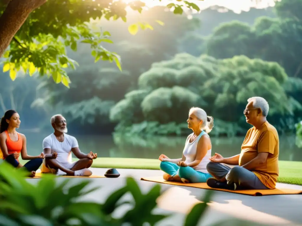 Meditación guiada al amanecer para adultos mayores en la naturaleza Grupo de ancianos en sesión de meditación guiada al amanecer entre la naturaleza, transmitiendo paz y bienestar