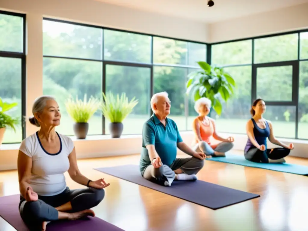 Sesión de relajación para adultos mayores: bienestar y serenidad Grupo de ancianos practicando mindfulness y relajación, impacto positivo en inmunidad y estrés