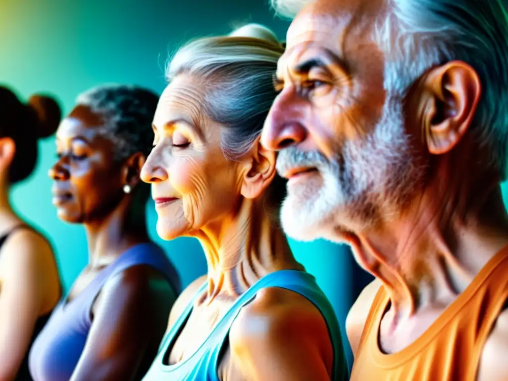 Yoga para la vitalidad: ancianos en sesión Grupo de ancianos practicando yoga en un estudio bien iluminado, proyectando vitalidad y paz
