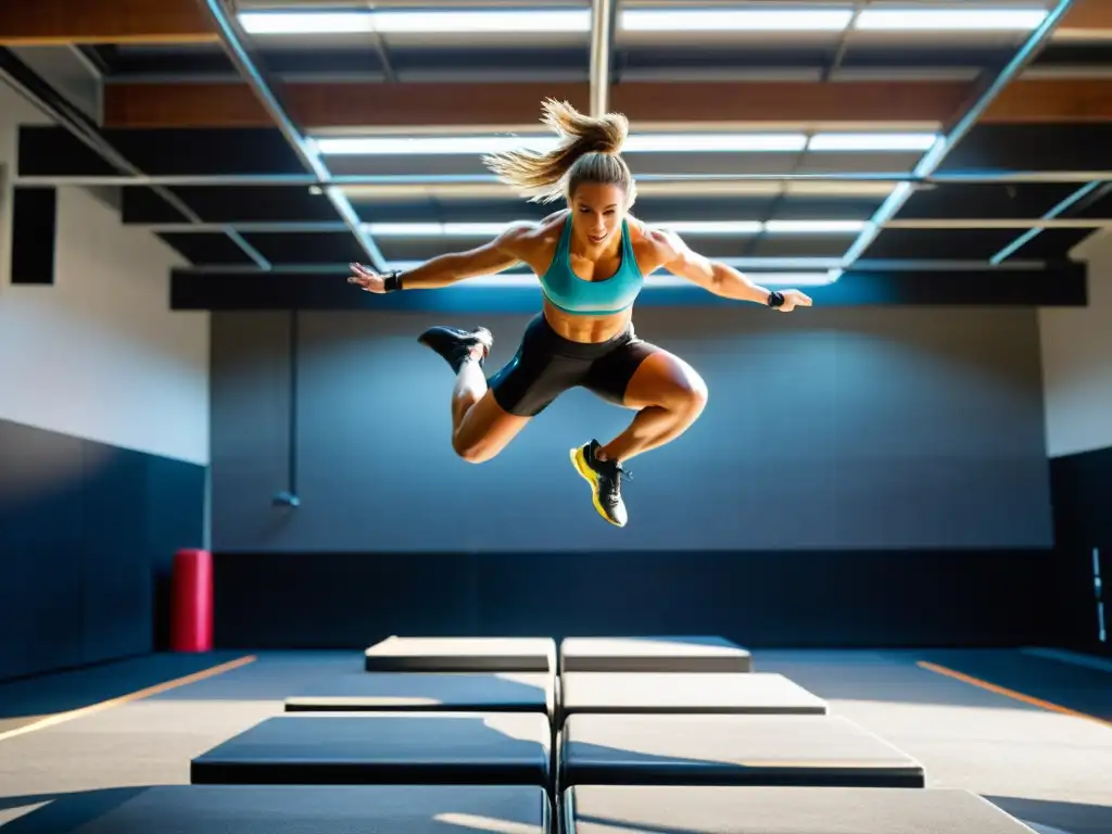 Salto de caja en gimnasio moderno Grupo de atletas en un gimnasio de CrossFit moderno realizando saltos en caja, transmitiendo energía y vitalidad