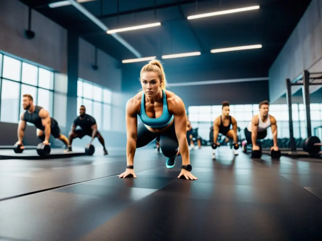 Atletas de CrossFit en gimnasio moderno Un grupo de atletas se esfuerza en un intenso entrenamiento CrossFit en un gimnasio moderno, resaltando la determinación y poder físico