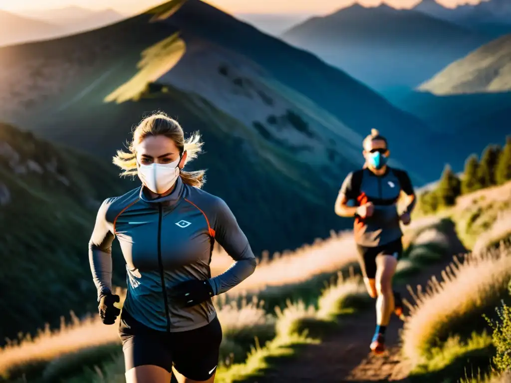Entrenamiento de altitud al atardecer: atletas desafían el límite Grupo de atletas corriendo con máscaras de entrenamiento en altitudes, iluminadas por el cálido sol poniente en un sendero de montaña