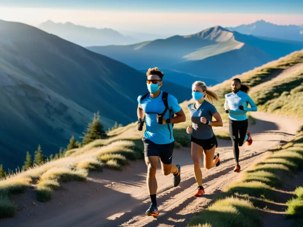 Entrenamiento de Altitud: Determinación al Atardecer Grupo de atletas con máscaras de entrenamiento en altitudes, corriendo al atardecer en la montaña