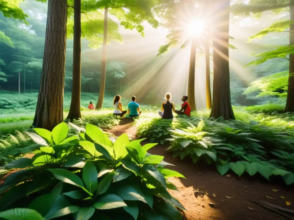 Conexión y alegría en la naturaleza: senderismo, yoga y más Grupo disfruta beneficios actividades al aire libre sistema inmune en bosque verde y sereno, practicando yoga, senderismo y ciclismo