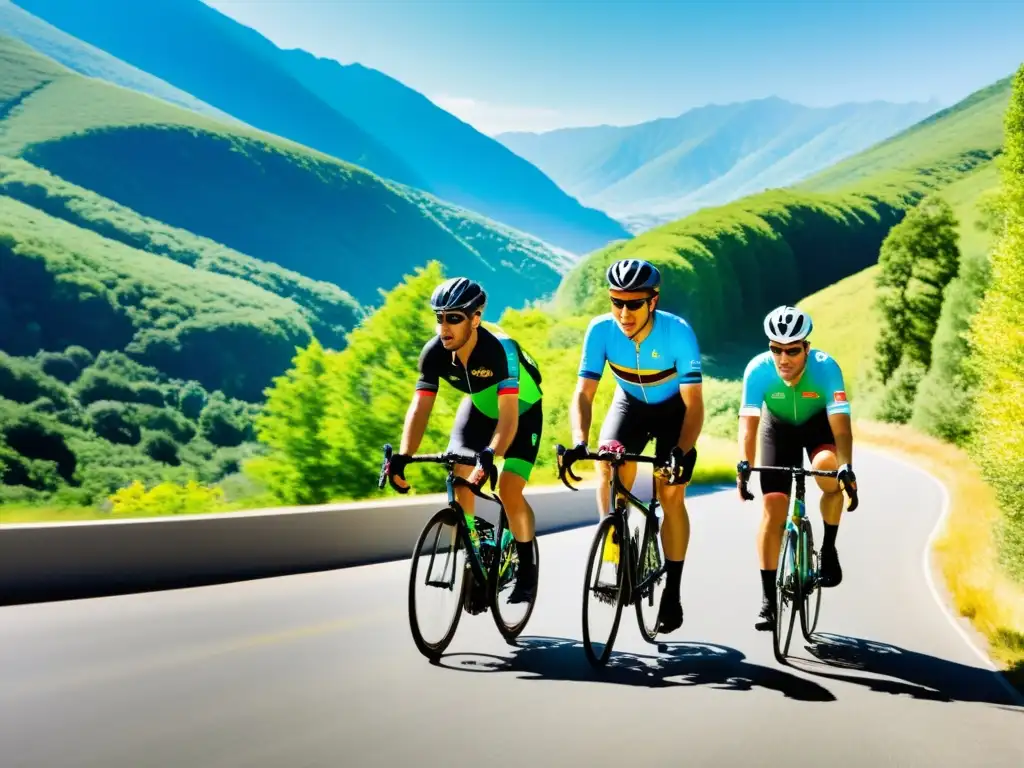 Ciclistas en la montaña: energía y libertad Un grupo de ciclistas en maillots de colores pedaleando en una carretera de montaña