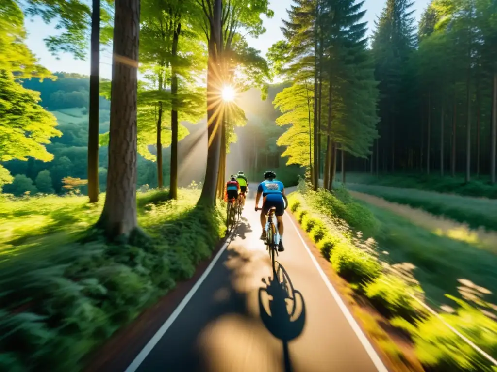Aventura en Bicicleta: Ciclistas en el Bosque Un grupo de ciclistas se desplaza entre un exuberante bosque, bañado por la cálido sol