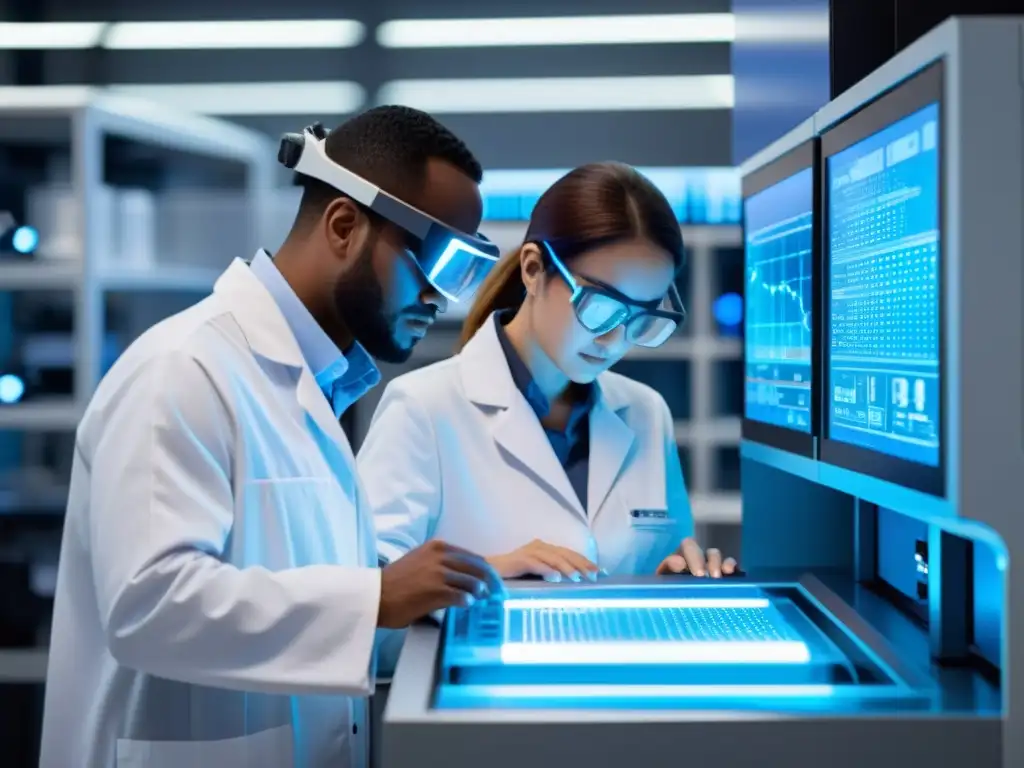 Avanzada investigación científica en laboratorio futurista Un grupo de científicos diversos discuten los datos de un innovador equipo en un laboratorio de vanguardia