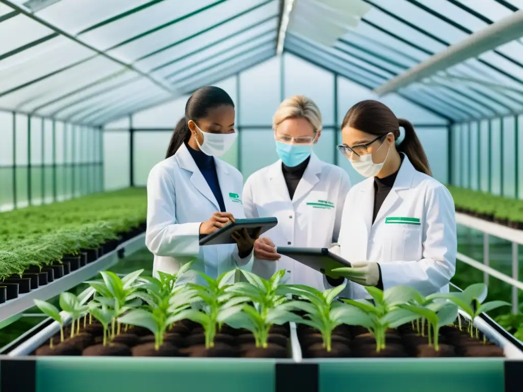 Exploración científica en invernadero futurista Un grupo de científicos en un invernadero futurista examinando plantas con tecnología avanzada