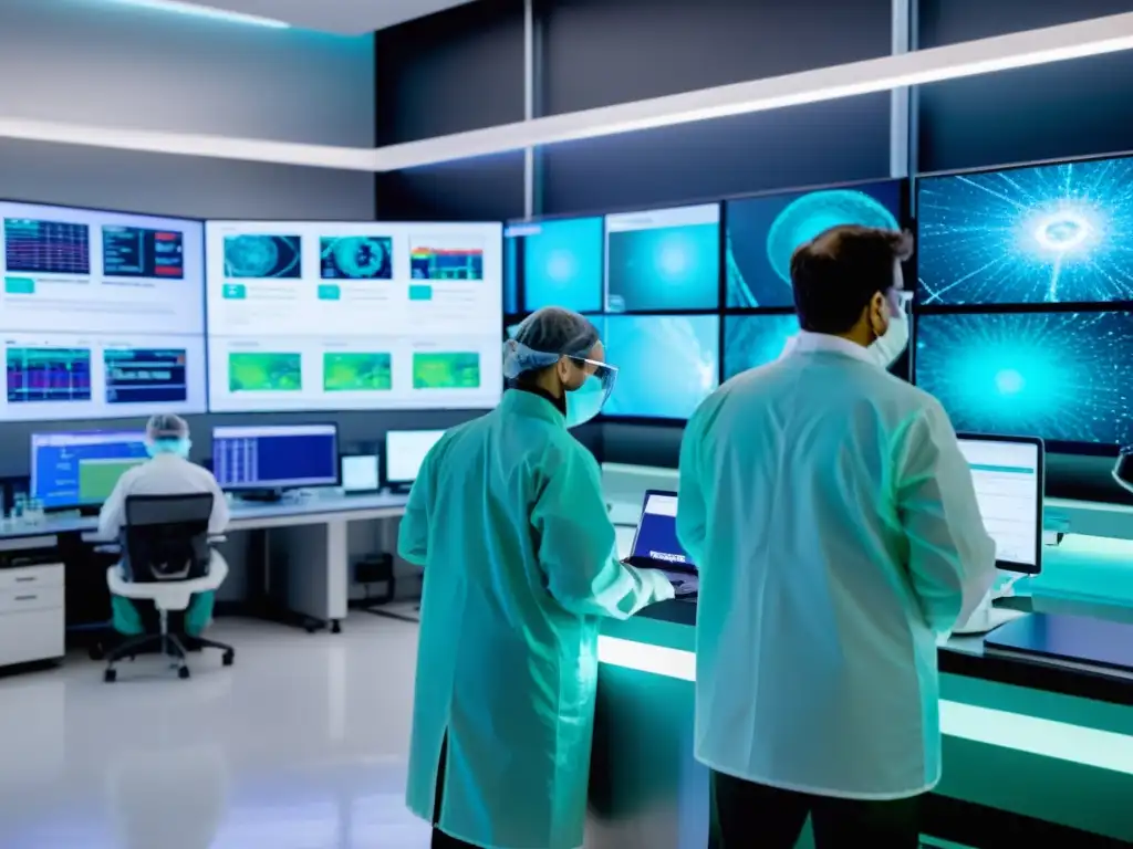 Grupo de científicos en laboratorio de alta tecnología, concentrados en el desarrollo de vacunas en crisis de salud