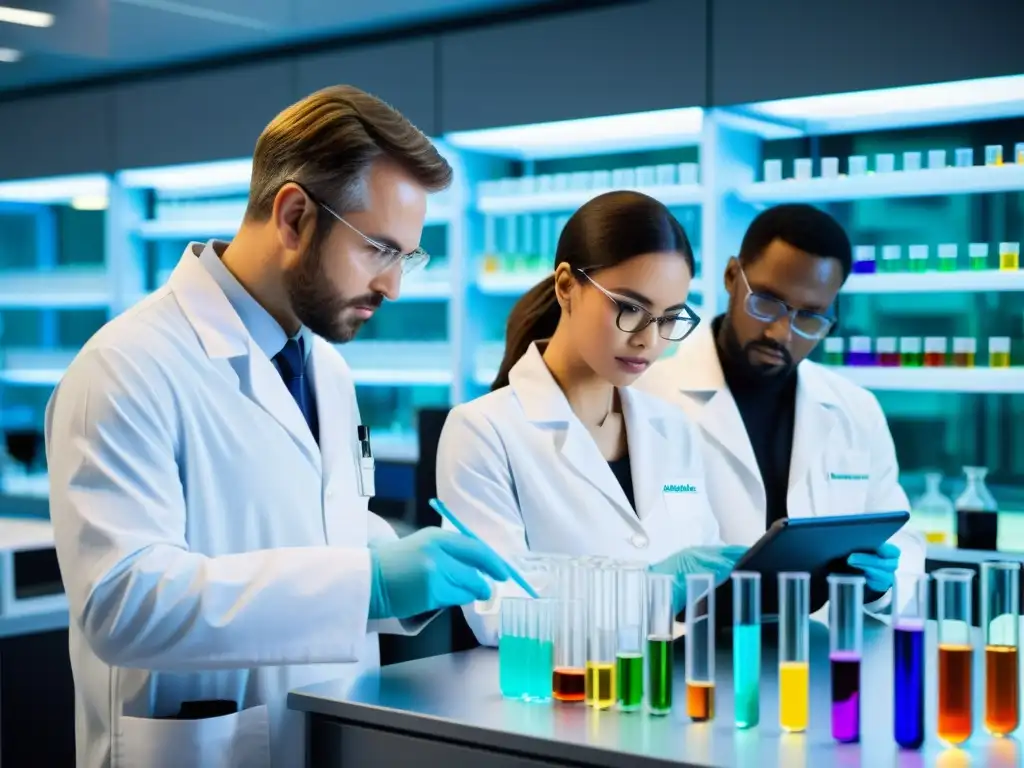 Grupo de científicos en laboratorio moderno, analizando líquidos coloridos en tubos de ensayo