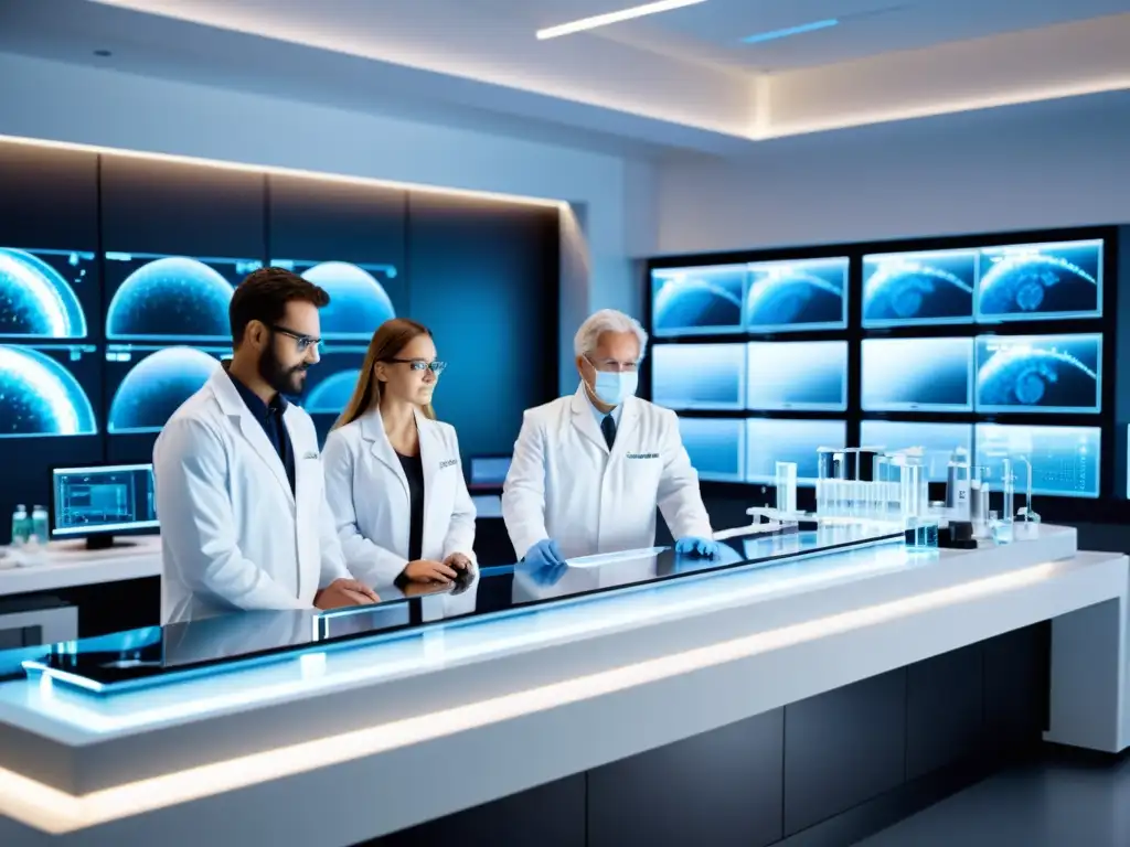 Avanzada terapia celular personalizada para esclerodermia Grupo de científicos en laboratorio de terapias celulares personalizadas para esclerodermia, con tecnología avanzada y ambiente profesional