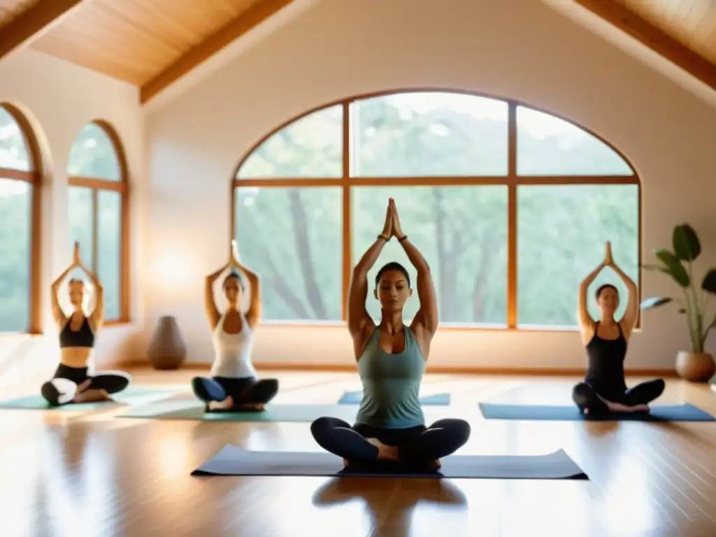 Clase de yoga inmersiva para fortalecer el sistema inmunológico Un grupo concentrado practica asanas de torsión en un estudio iluminado, creando un ambiente sereno y saludable