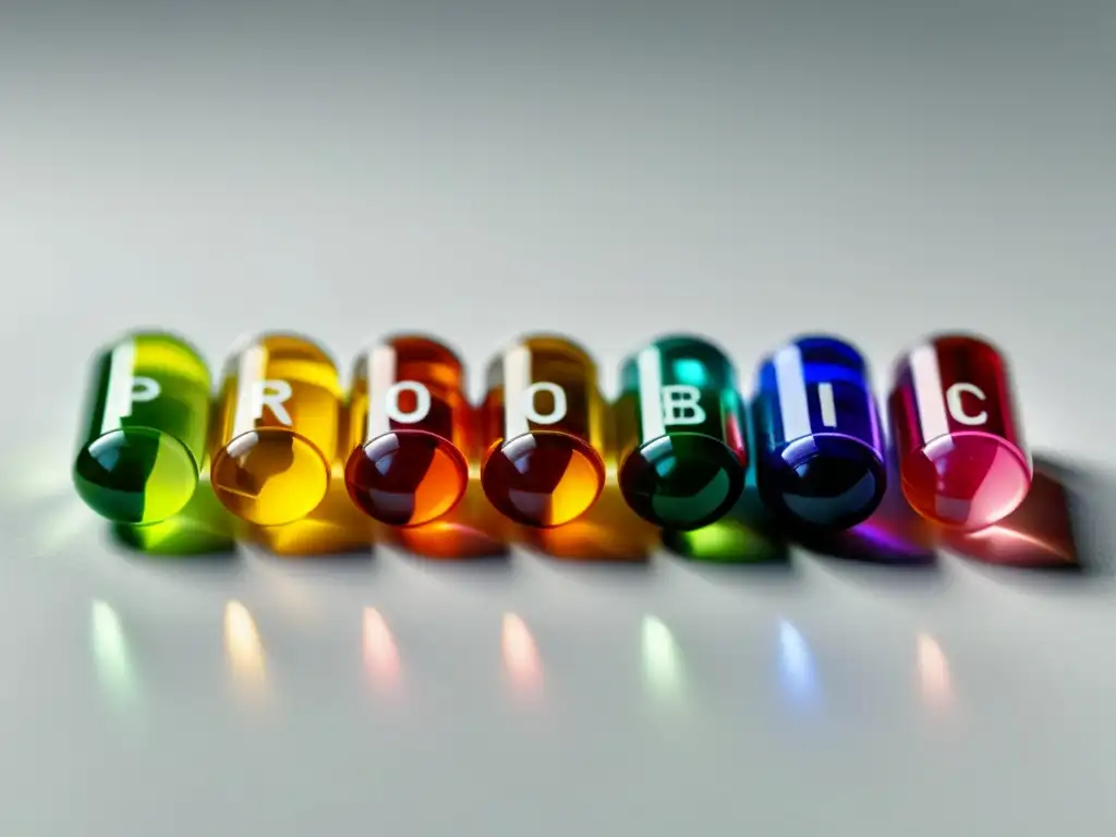 Suplementos probióticos: detallada y colorida imagen Un grupo detallado de cápsulas y píldoras probióticas coloridas, dispuestas en un patrón preciso sobre una superficie blanca moderna
