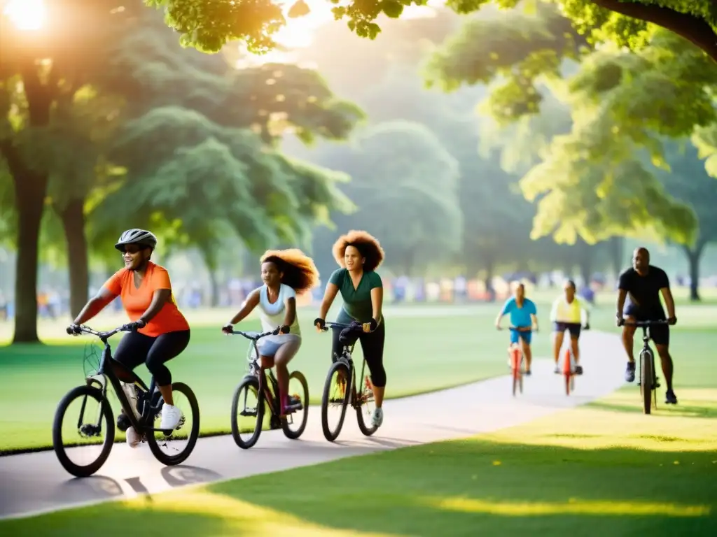 Atardecer activo: diversidad en movimiento en el parque Grupo diverso disfruta de actividad física en un parque al atardecer, promoviendo la prevención del cáncer y fortaleciendo el sistema inmunológico