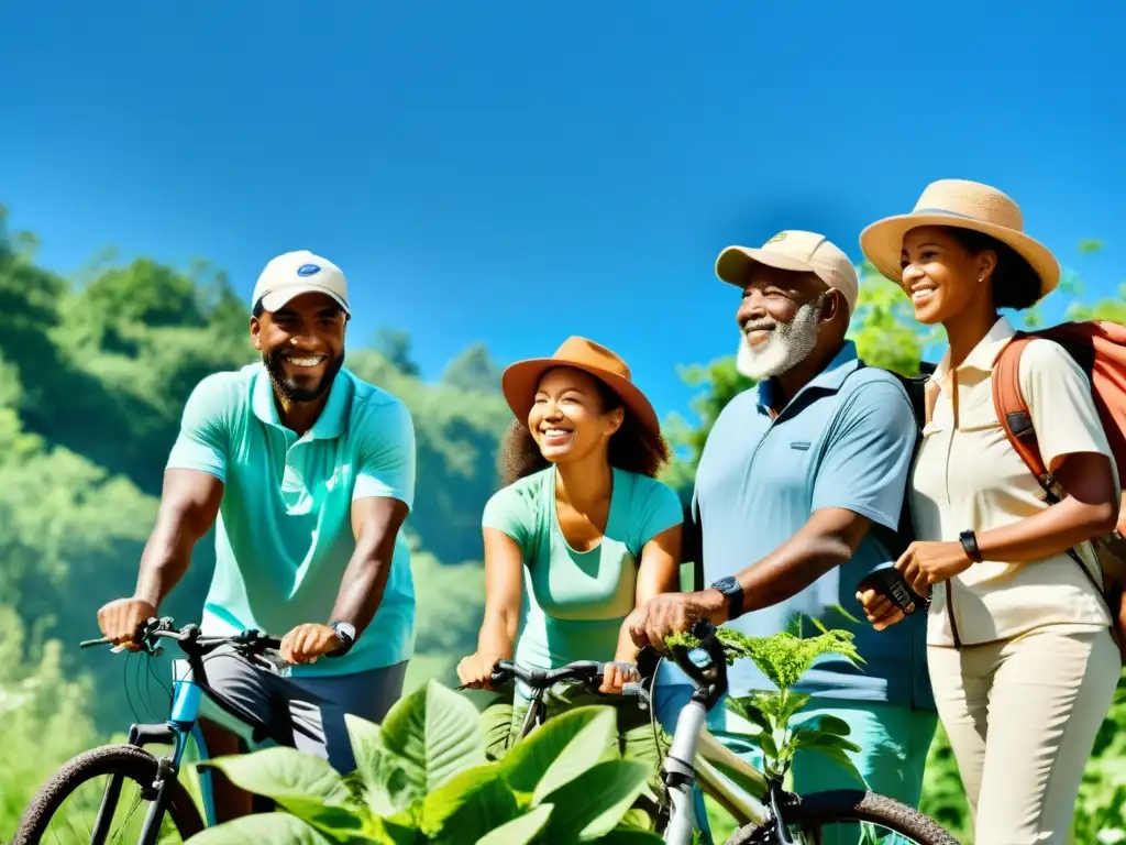 Vida activa y saludable en la naturaleza, diversidad en acción Grupo diverso disfruta actividades al aire libre, adaptándose al cambio climático