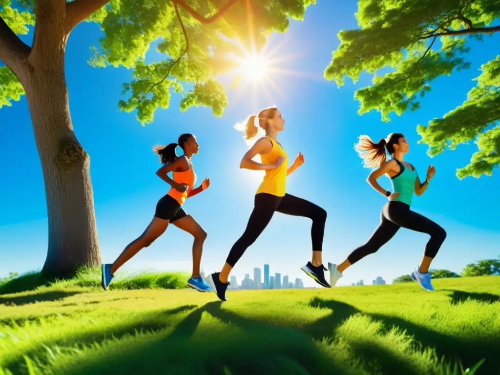 Vitalidad en el parque: yoga, jogging y ejercicios en grupo Un grupo diverso disfruta de actividades al aire libre en un parque, con el sol brillando y cielos despejados
