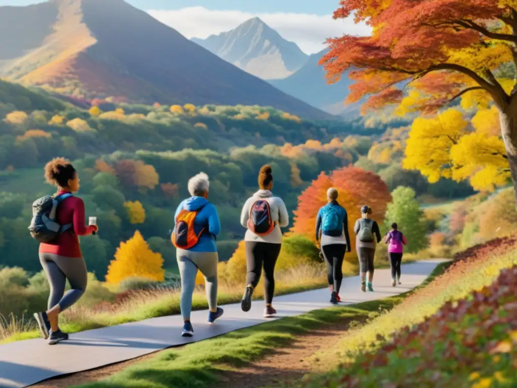 Vitalidad y comunidad: diversidad en actividades al aire libre Grupo diverso disfruta de actividades al aire libre, como senderismo, yoga y ciclismo en un entorno natural, con vibrante follaje otoñal