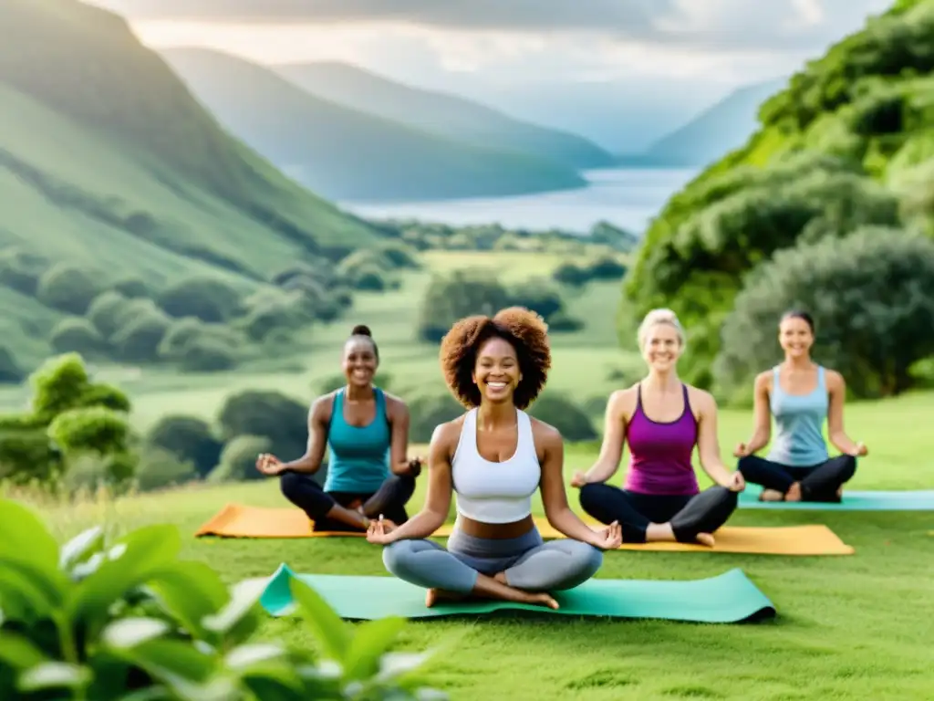 Vitalidad al aire libre: Yoga, running y hiking en paisaje vibrante Un grupo diverso disfruta actividades al aire libre en un paisaje exuberante, transmitiendo vitalidad y bienestar