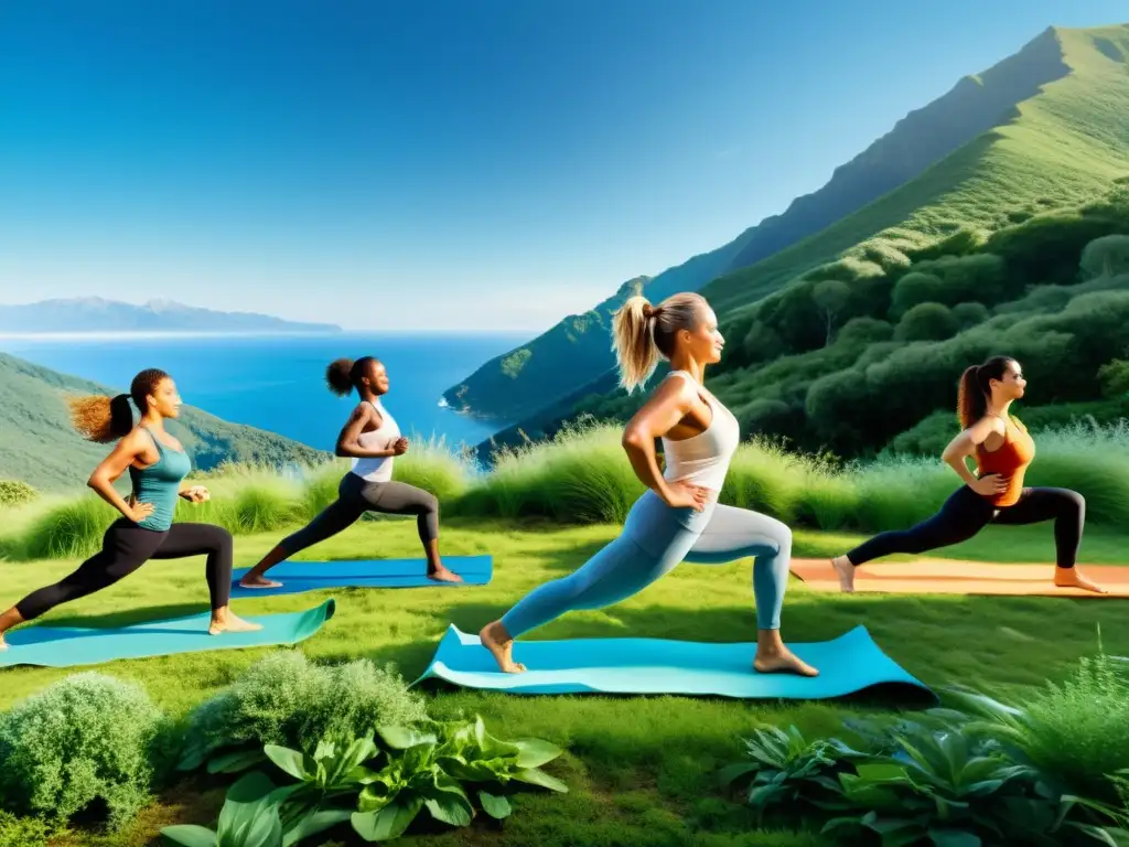 Vida activa: armonía en la naturaleza con yoga, running y senderismo Grupo diverso disfruta de actividades al aire libre como yoga, carrera y senderismo en un entorno natural