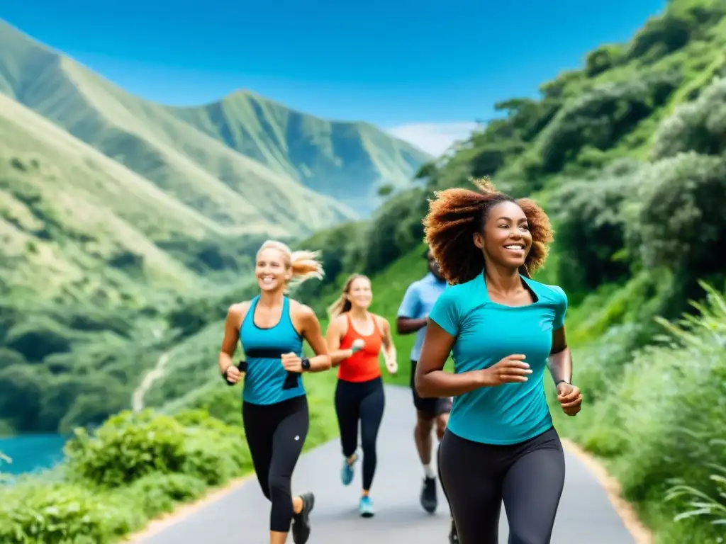 Vitalidad al aire libre: diversidad en movimiento Un grupo diverso disfruta de actividades al aire libre rodeados de exuberante vegetación y bajo un cielo azul