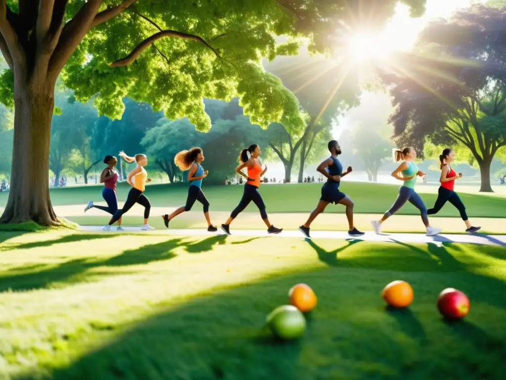 Actividades al aire libre en el parque: diversidad, salud y vitalidad Grupo diverso disfruta de actividades al aire libre en un parque verde, fortaleciendo sistema inmunológico ante epidemias globales