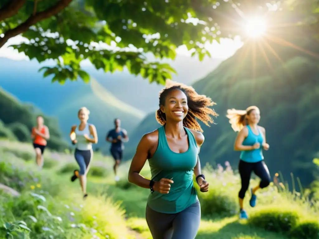 Vibrante bienestar: Gestión del cambio y adaptabilidad en la naturaleza Grupo diverso disfrutando actividades al aire libre en paisaje verde, emitiendo vitalidad y bienestar