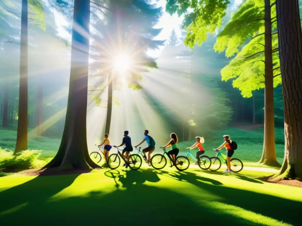 Vida activa en la naturaleza: conexión vital Grupo diverso disfruta de actividades al aire libre en un bosque, resaltando la vitalidad, serenidad y la conexión entre actividad física, naturaleza y un sistema inmunológico fuerte con los mejores planes médicos